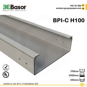 Texto alternativo (alt text): Bandeja lisa BPI-C H100 600 mm Ref. 201161, bandeja ciega en PVC M1 para interior, longitud 3 m.