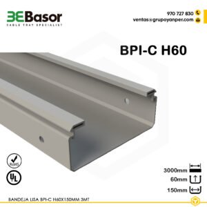 Texto alternativo (alt text): Bandeja lisa BPI-C H60 150 mm Ref. 201157, charola ciega de PVC M1 para interior, longitud 3 m.