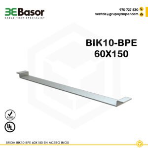 Alt text: Brida BIK10-BPE 60×150 en acero inoxidable AISI 304 para fijar tapa de bandeja BPE, referencia 217341, peso 0,05 kg/m.