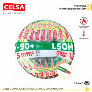 Alt text: Cable CELSA Ecosafe LSOH-90+ 1,5 mm² bicolor amarillo-verde, libre de halógenos y baja emisión de humo.