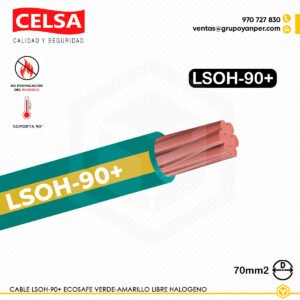 Alt text: Cable CELSA Ecosafe LSOH-90+ amarillo-verde 70 mm² libre de halógenos.