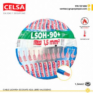Alt text: Cable CELSA Ecosafe LSOH-90+ azul 1,5 mm² libre de halógenos y baja emisión de humo.