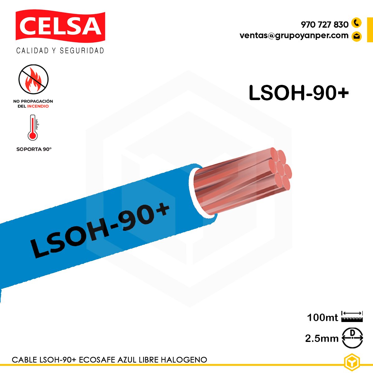 CABLE-LSOH90+-AZUL-2.5 Alt text: Cable CELSA Ecosafe LSOH-90+ azul 2,5 mm² libre de halógenos y baja emisión de humo.
