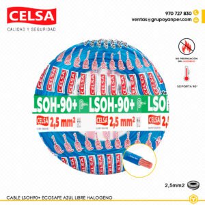 Alt text: Cable CELSA Ecosafe LSOH-90+ azul 2,5 mm² libre de halógenos y baja emisión de humo.