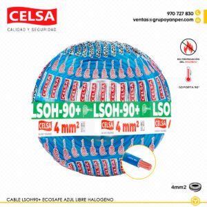 Alt text: Cable CELSA Ecosafe LSOH-90+ azul 4 mm² en cobre con aislamiento libre de halógenos.