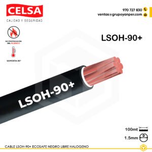 Cable CELSA Ecosafe LSOH-90+ negro de 1,5 mm², cobre electrolítico, aislamiento termoplástico libre de halógenos y baja emisión de humo.