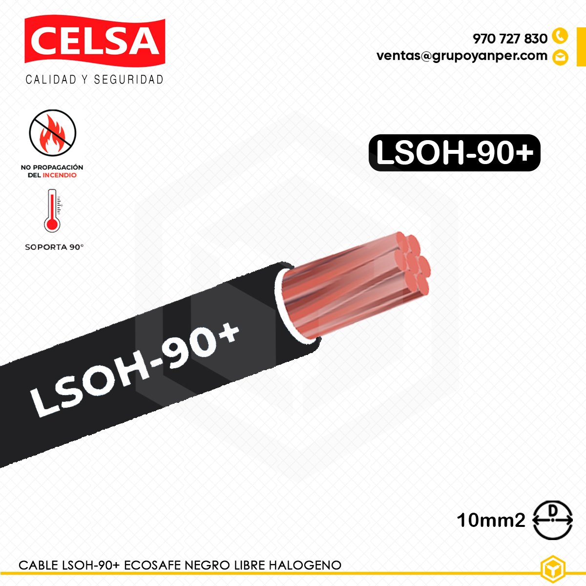 CABLE-LSOH90+-NEGRO-10 Alt text: Cable CELSA Ecosafe LSOH-90+ negro 10 mm² libre de halógenos.