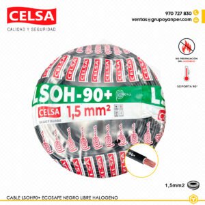 Cable CELSA Ecosafe LSOH-90+ negro de 1,5 mm², cobre electrolítico, aislamiento termoplástico libre de halógenos y baja emisión de humo.