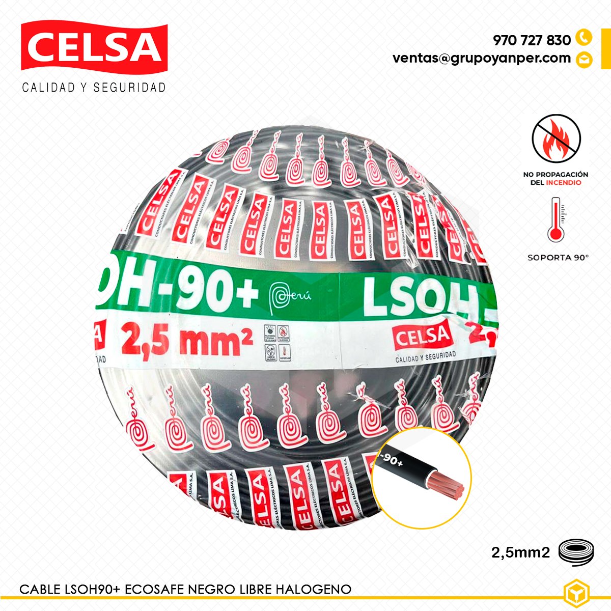 CABLE-LSOH90+-NEGRO-2,5 Alt text: Cable CELSA Ecosafe LSOH-90+ negro 2,5 mm² libre de halógenos y baja emisión de humo.