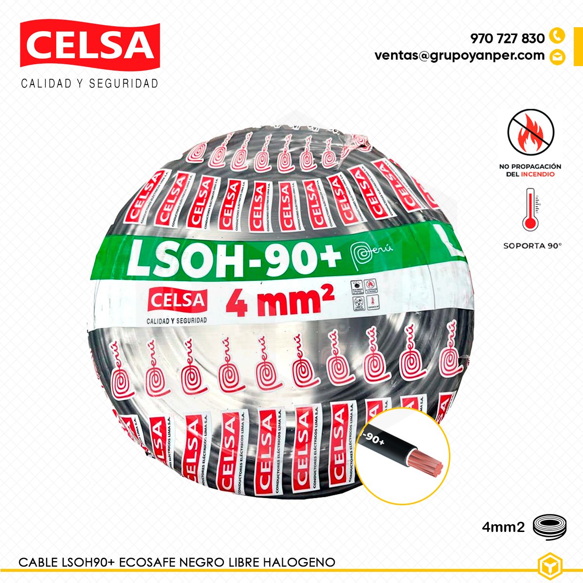 CABLE-LSOH90+-NEGRO-4 Alt text: Cable CELSA Ecosafe LSOH-90+ negro 4 mm² en cobre con aislamiento libre de halógenos.