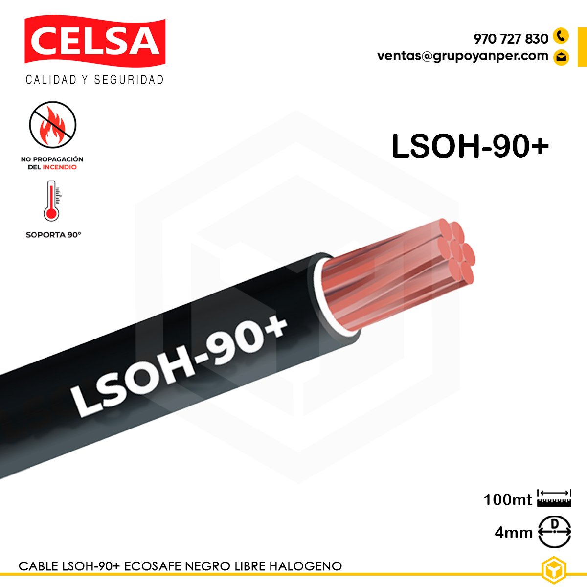 CABLE-LSOH90+-NEGRO-4 Alt text: Cable CELSA Ecosafe LSOH-90+ negro 4 mm² en cobre con aislamiento libre de halógenos.
