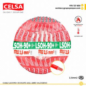 Alt text: Cable CELSA Ecosafe LSOH-90+ rojo 2,5 mm² libre de halógenos y baja emisión de humo.
