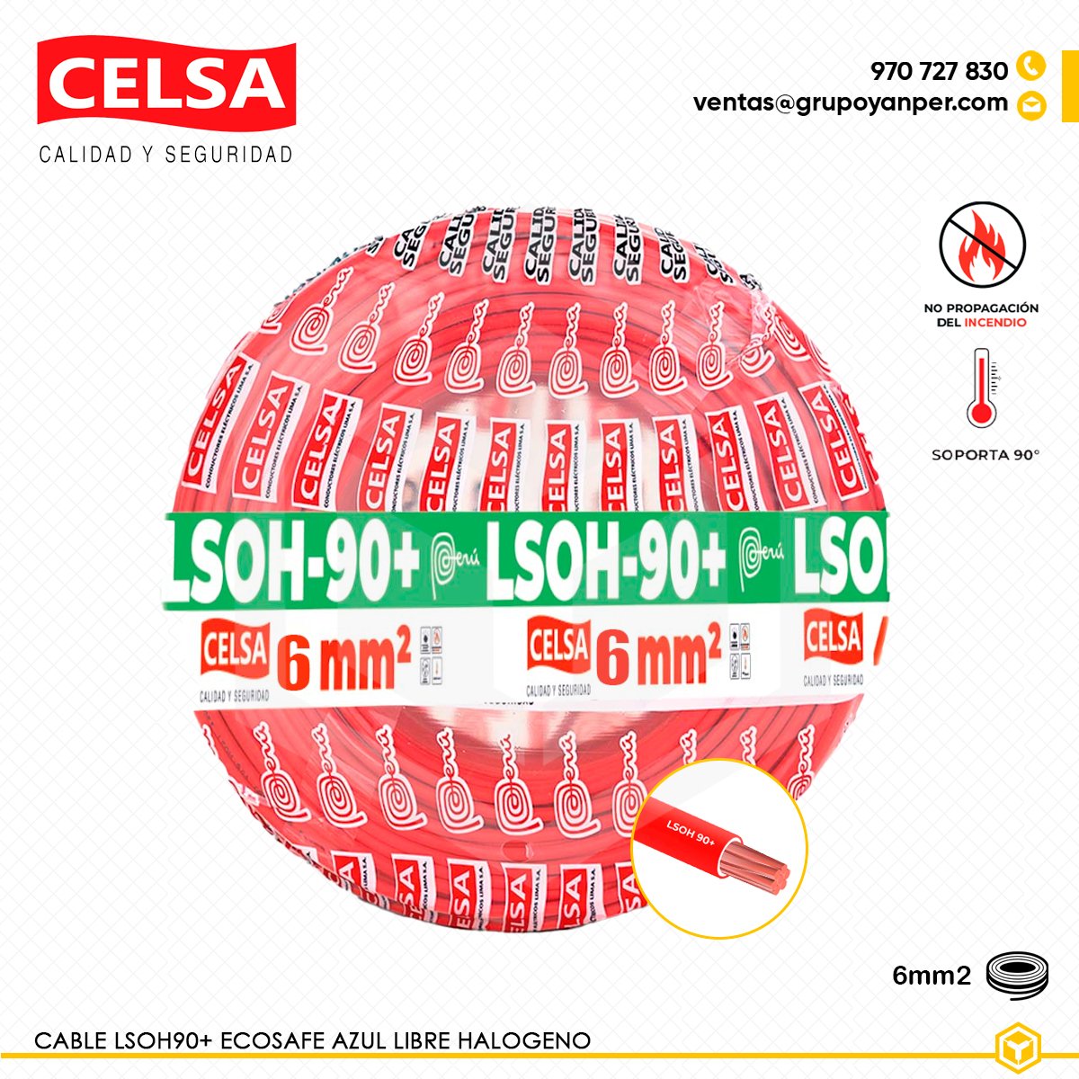 CABLE-LSOH90+-ROJO-6 Alt text: Cable CELSA Ecosafe LSOH-90+ rojo 6 mm² libre de halógenos y seguro.