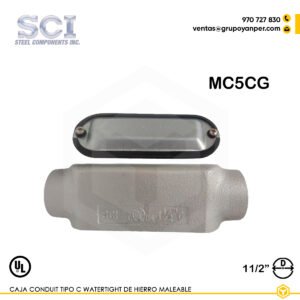 Alt text: Caja Condulet tipo C SCI de 1-1/2" en hierro maleable con tapa y empaquetadura, modelo MC5CG.