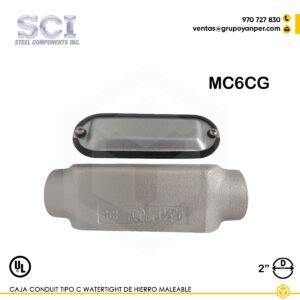 Alt text: Caja Condulet tipo C SCI de 2" en hierro maleable con tapa y empaquetadura, modelo MC6CG.