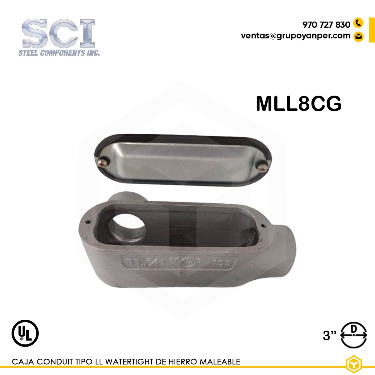 CAJA-CONDUIT-TIPO-LL-WATERTIGHT-MLL8CG Alt text: Caja Condulet tipo LL SCI de 3" en hierro maleable con tapa y empaquetadura, modelo MLL8CG.