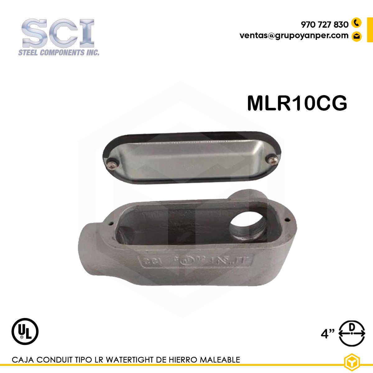 CAJA-CONDUIT-TIPO-LR-WATERTIGHT-MLR10CG Alt text: Caja Condulet tipo LR SCI de 4" en hierro maleable con tapa y empaquetadura, modelo MLR10CG.