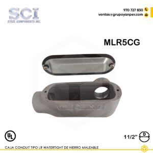 Alt text: Caja Condulet tipo LR SCI de 1-1/2" en hierro maleable con tapa y empaquetadura, modelo MLR5CG.