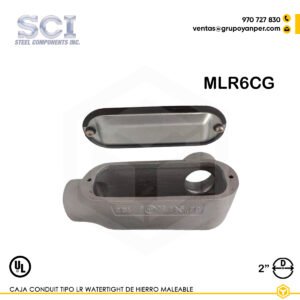 Alt text: Caja Condulet tipo LR SCI de 2" en hierro maleable con tapa y empaquetadura, modelo MLR6CG.