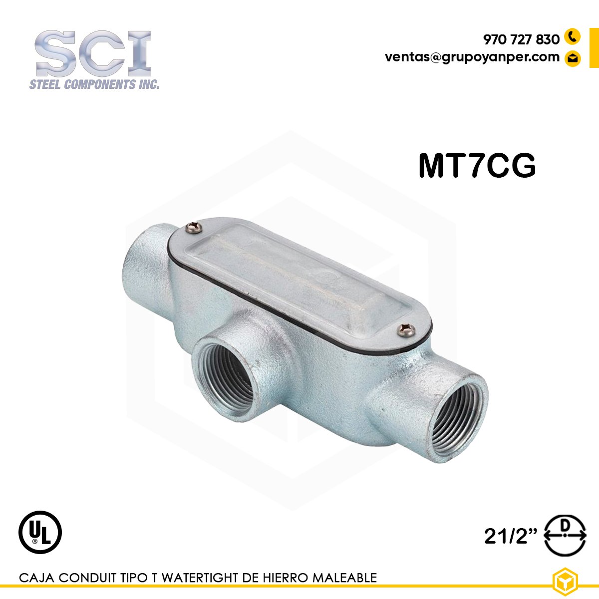 CAJA-CONDUIT-TIPO-T-WATERTIGHT-MT7CG Alt text: Caja Condulet tipo T SCI de 2-1/2" en hierro maleable con tapa y empaquetadura, modelo MT7CG.