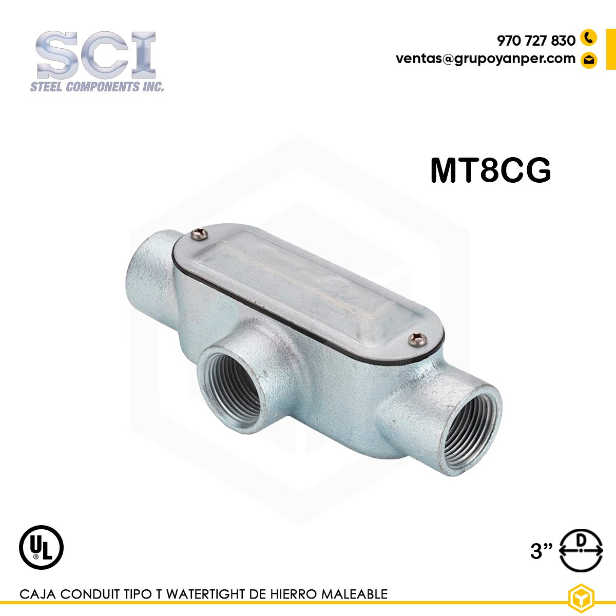 CAJA-CONDUIT-TIPO-T-WATERTIGHT-MT8CG Alt text: Caja Condulet tipo T SCI de 3" en hierro maleable con tapa y empaquetadura, modelo MT8CG.