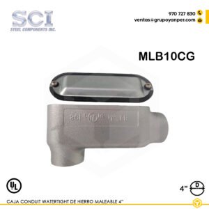 Alt text: Caja Condulet tipo LB SCI de 4" en hierro maleable con tapa y empaquetadura, modelo MLB10CG.
