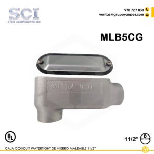 Alt text: Caja Condulet tipo LB SCI de 1-1/2" en hierro maleable con tapa y empaquetadura, modelo MLB5CG.
