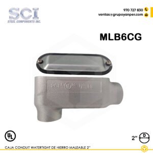 Alt text: Caja Condulet tipo LB SCI de 2" en hierro maleable con tapa y empaquetadura, modelo MLB6CG.