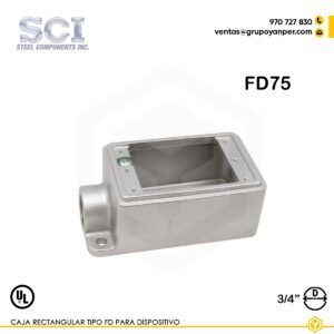 Alt text: Caja rectangular FD75 de 3/4" en hierro maleable zincado para dispositivos eléctricos.