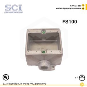 Alt text: Caja rectangular FS100 de 1" en hierro maleable zincado para dispositivos eléctricos.