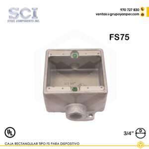 Alt text: Caja rectangular FS75 de 3/4" en hierro maleable zincado para dispositivos eléctricos.
