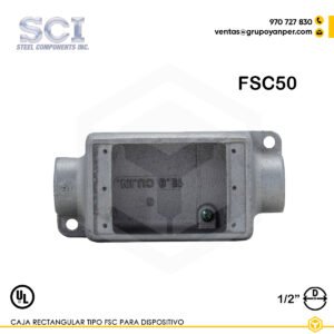 Alt text: Caja rectangular FSC50 de 1/2" en hierro maleable zincado para dispositivos.