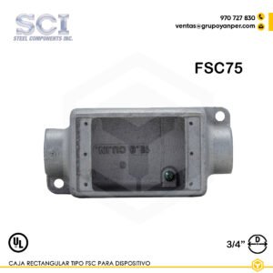 Alt text: Caja rectangular FSC75 de 3/4" en hierro maleable zincado para dispositivos.