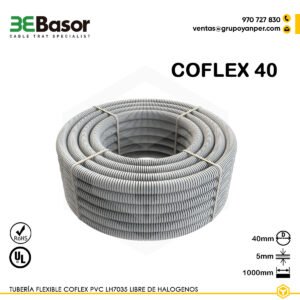 Alt text: Tubería flexible COFLEX 40 mm en PVC LH7035 libre de halógenos, referencia 206999, peso 0,114 kg/m.