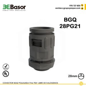 Alt text: Conector BGQ 28PG21 en PA6 7031 libre de halógenos, referencia 206604, peso 0,027 kg.