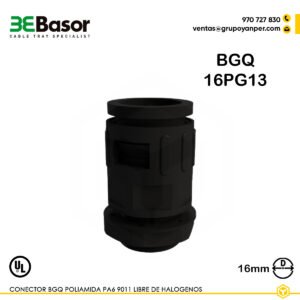 Alt text: Conector BGQ 16PG13 en PA6 9011 negro libre de halógenos, referencia 206611, peso 0,010 kg.