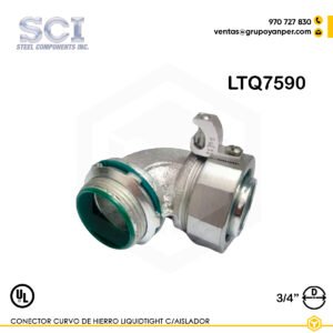 Alt text: Conector curvo Liquidtight LTQ7590 de 3/4" en hierro maleable zincado, diseño compacto.