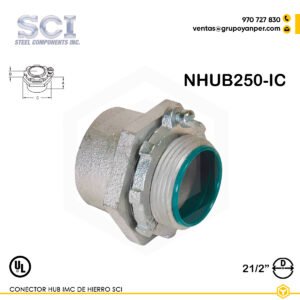 Alt text: Conector NHUB250-IC de 2-1/2" en hierro maleable zincado con garganta aislada.