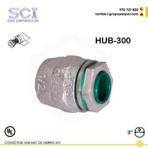 Alt text: Conector HUB-300 de 3" en hierro maleable zincado con sello O-ring para conduit rígido.
