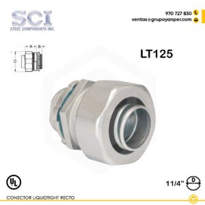 Alt text: Conector recto Liquidtight LT125 de 1-1/4" en hierro maleable zincado, unión resistente.