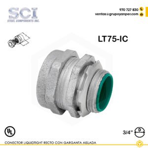 Alt text: Conector recto Liquidtight LT75-IC de 3/4" en hierro maleable zincado con garganta aislada.