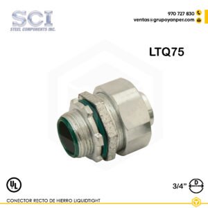 Alt text: Conector recto LTQ75 de 3/4" en hierro maleable zincado.