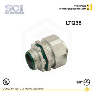 Conector recto Liquidtight LTQ38 de 3/8" en hierro maleable zincado para tubería flexible metálica, hermético y resistente.