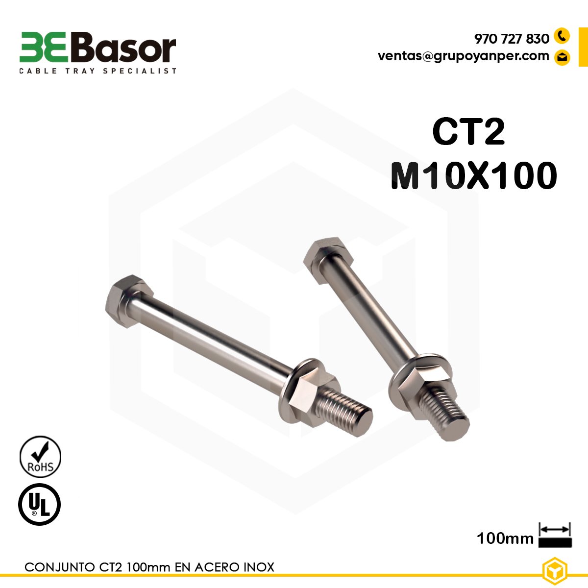 CONJUNTO-CT2-BASOR Conjunto CT2 M10×100 en acero inoxidable AISI 304 para fijaciones de bandeja exterior BPE, referencia 207228, peso 0,11 kg.