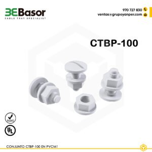 Conjunto CTBP-100 de tornillos y tuercas M8 en PVC M1 UV para fijación de bandejas exteriores BPE, referencia 210017, peso 0,40 kg/m.
