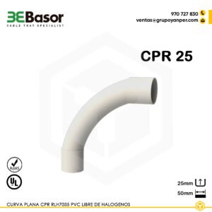 Alt text: Curva plana CPR 25 en PVC RLH7035 libre de halógenos para tubos R1250, referencia 206741, peso 0,035 kg.