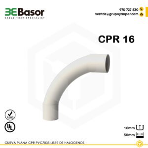 Alt text: Curva plana CPR 16 en PVC7035 libre de halógenos para tubos R1250, referencia 218790, peso aprox. 0,011 kg.