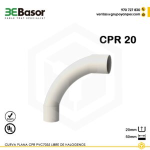 Alt text: Curva plana CPR 20 en PVC7035 libre de halógenos para tubos R1250, referencia 218791, peso aprox. 0,020 kg.