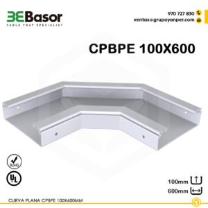 Alt text: Curva plana CPBPE 100×600 mm Ref. 21096, PVC M1 UV para bandejas exteriores, ancho 600 mm, altura 100 mm.