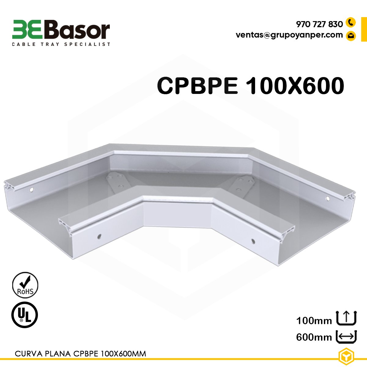 CURVA-PLANA-CPBPE-H100X600-BASOR Alt text: Curva plana CPBPE 100×600 mm Ref. 21096, PVC M1 UV para bandejas exteriores, ancho 600 mm, altura 100 mm.